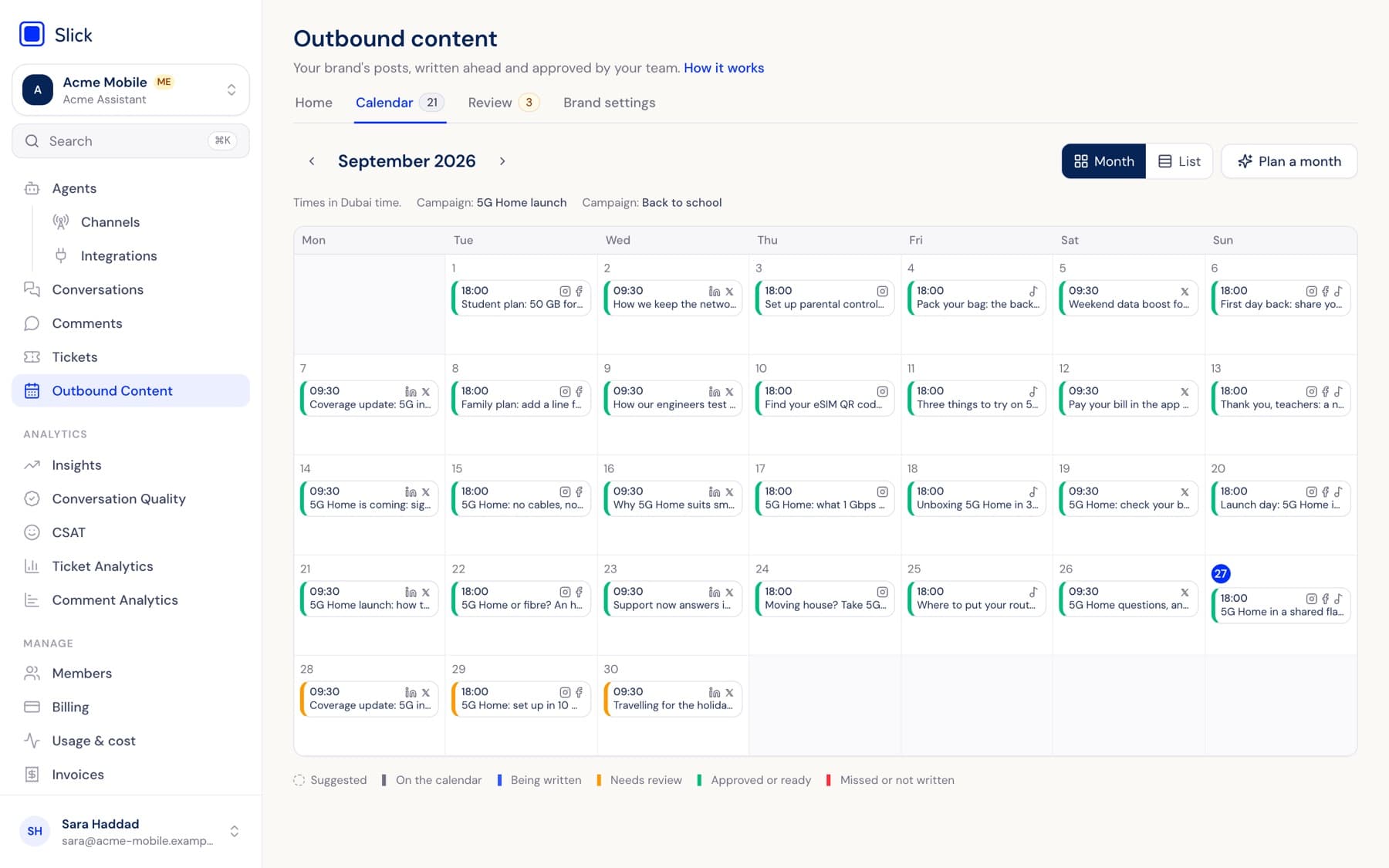 Slick content calendar showing scheduled posts and review statuses in an example workspace